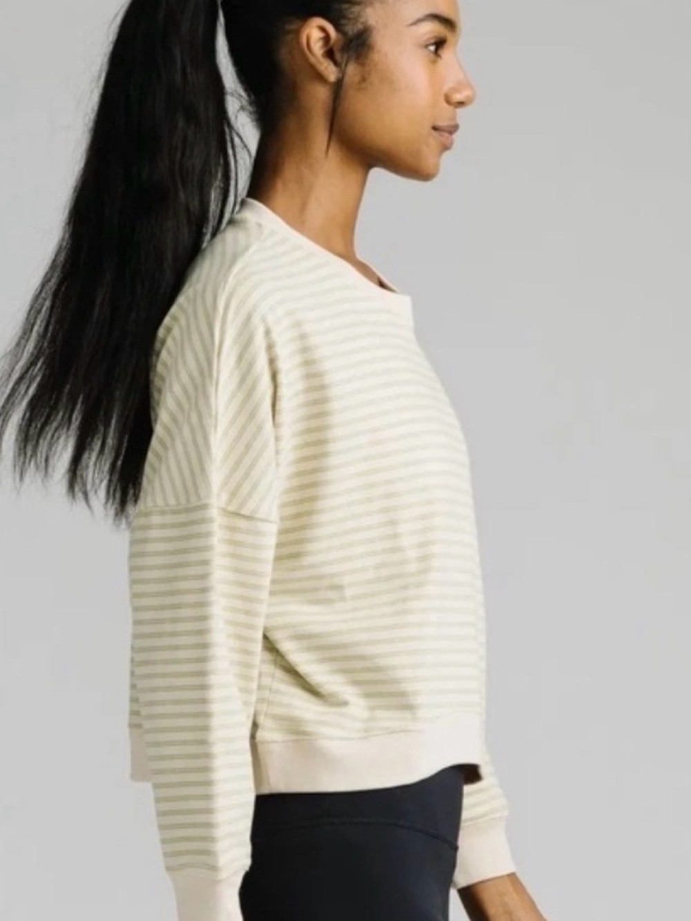 ZYIA Cream & Light Green Striped Crew Neck Sweater